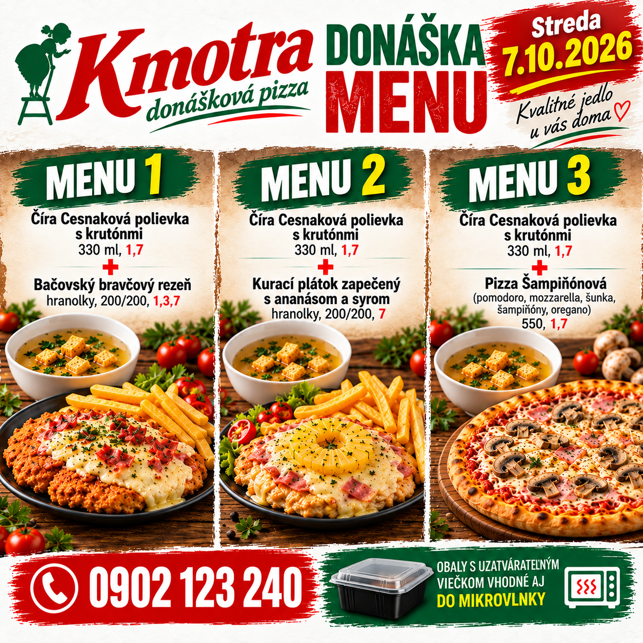 Menu Kmotra s čírou cesnakovou polievkou a rôznymi hlavnými jedlami na stredy 7.10.2026.