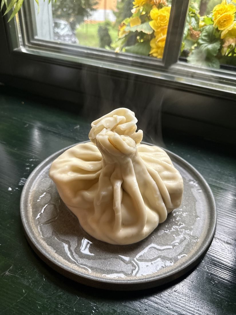 Gorące pierogi na talerzu, unosi się para, w tle kwiaty na oknie.
