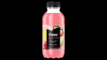 Butelka napoju Cappy Lemonade, różowa, z etykietą, bez cukru, z owocami, na czarnym tle.