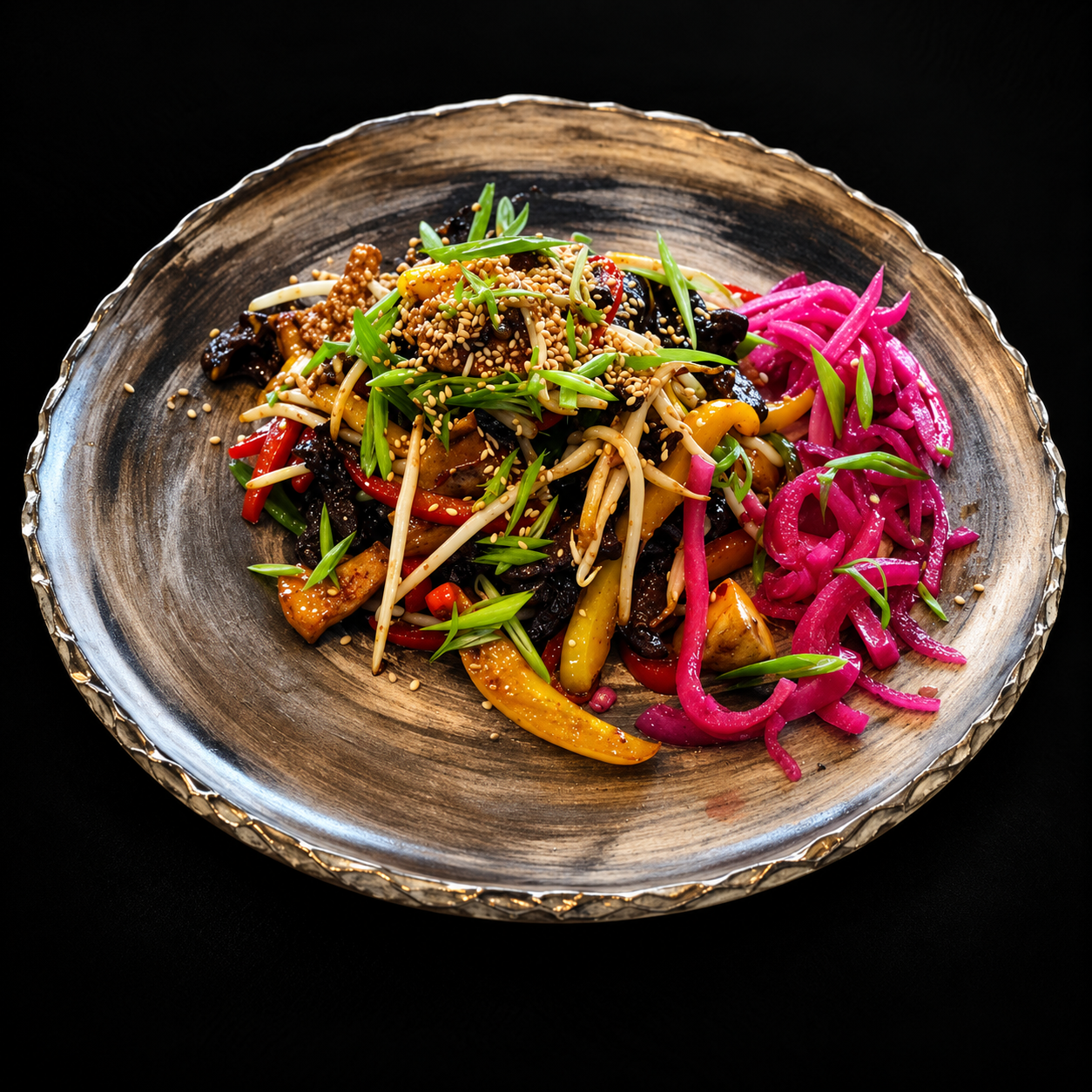 Talerz z kolorowym stir-fry, warzywami, imbirem, sezamem i różową cebulą na czarnym tle.