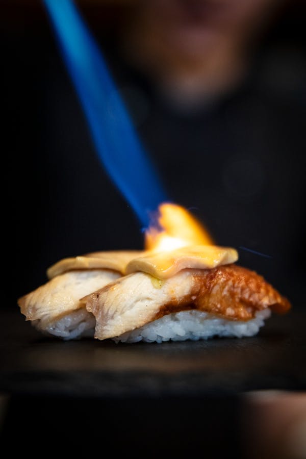 Eel nigiri with foie gras and sweet sauce