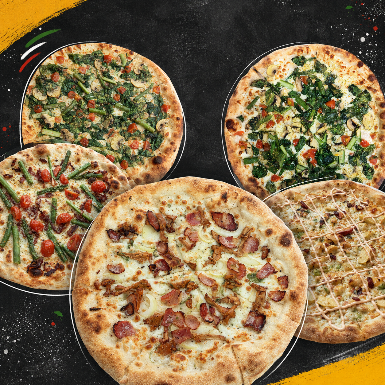 Kolaż pięciu pizz sezonowych Harry’s Pizzeria z różnorodnymi dodatkami.