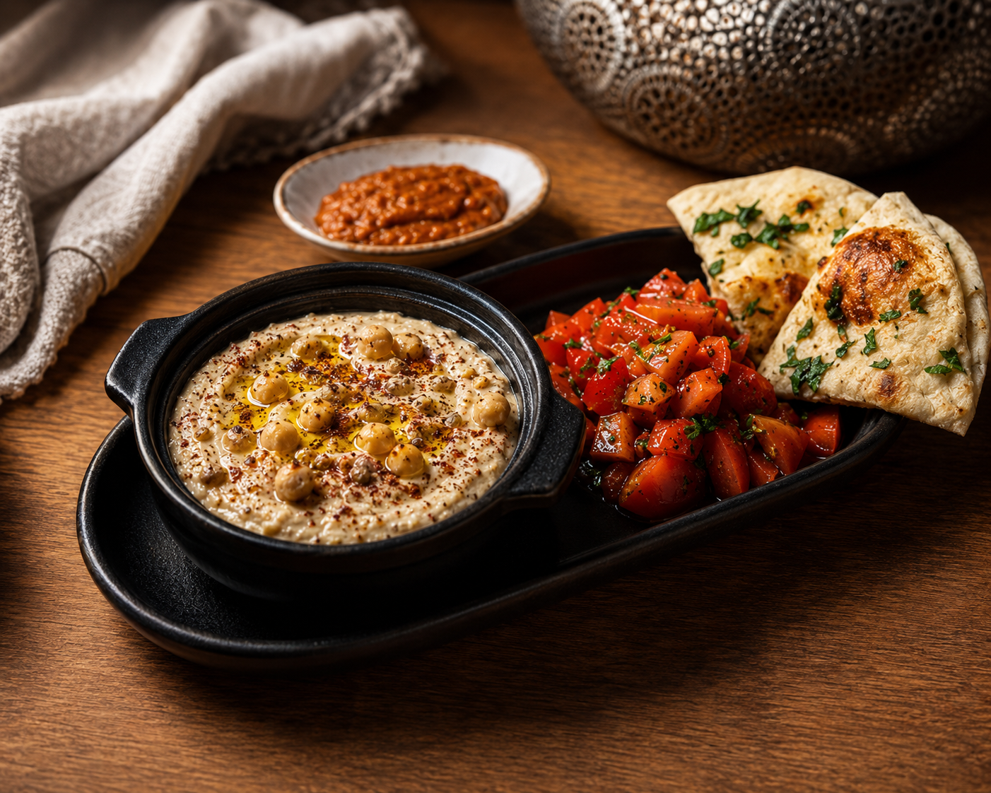 Hummus cu salată de roșii și pâine Naan
