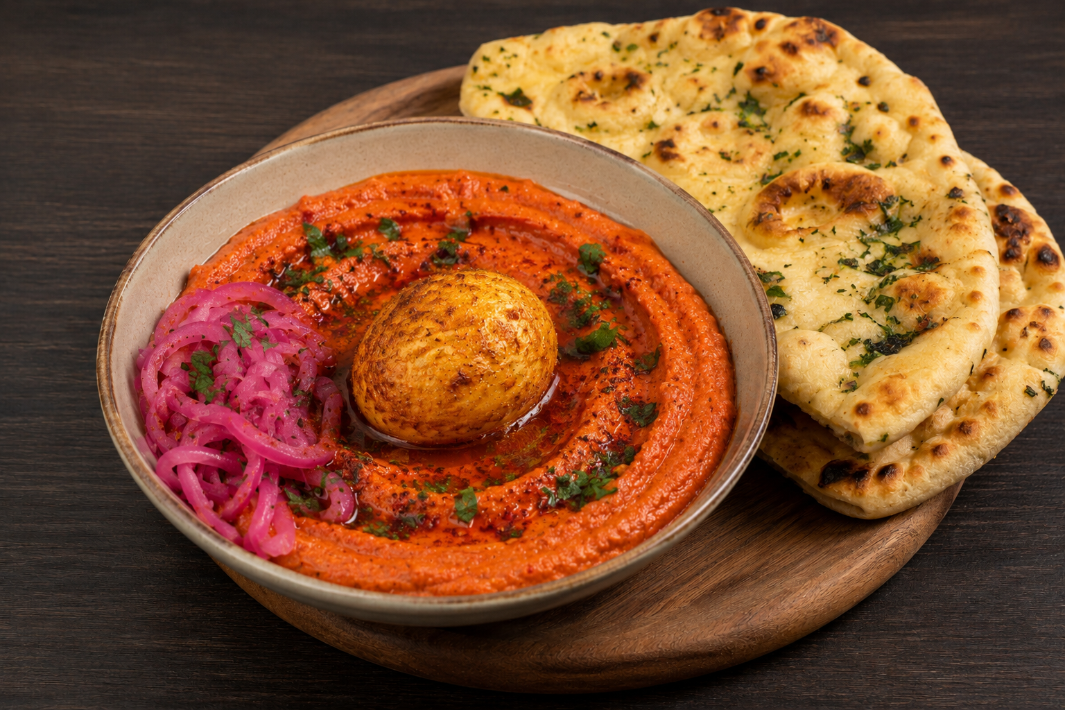 Hummus picant cu ou copt și ceapă murată