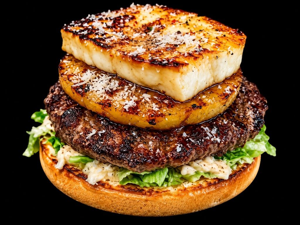 Burger z soczystą wołowiną, grillowanym serem halloumi i ananasem na sałacie w bułce.