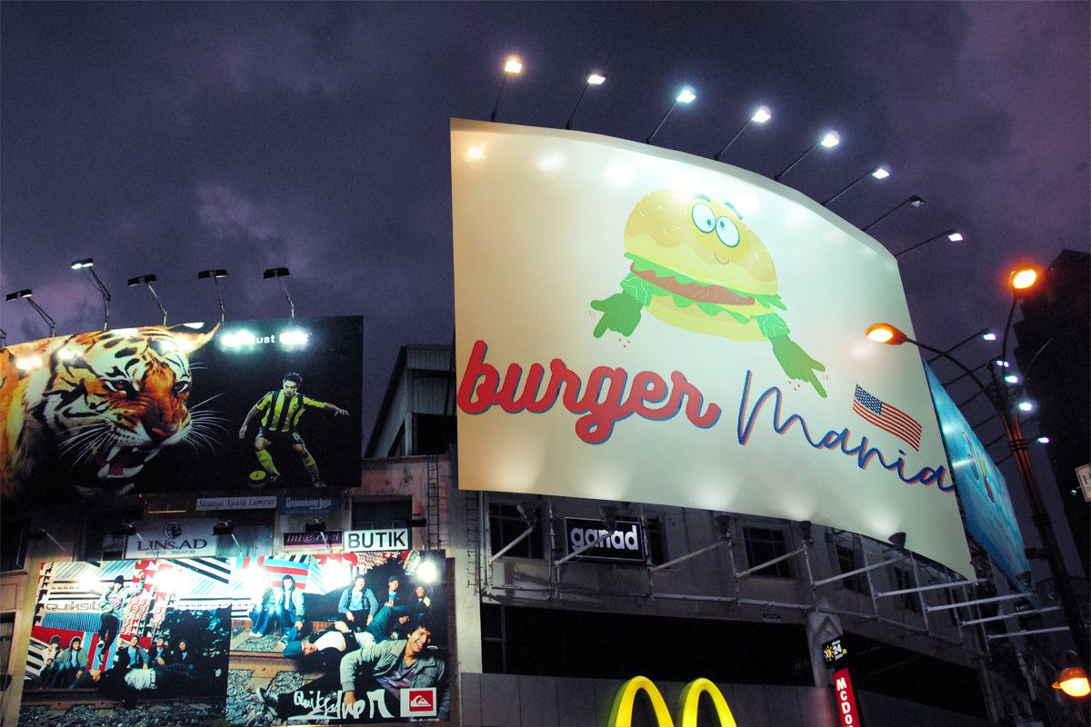 Billboard with the text "Burger Mania" and an illustration of a hamburger at dusk.
