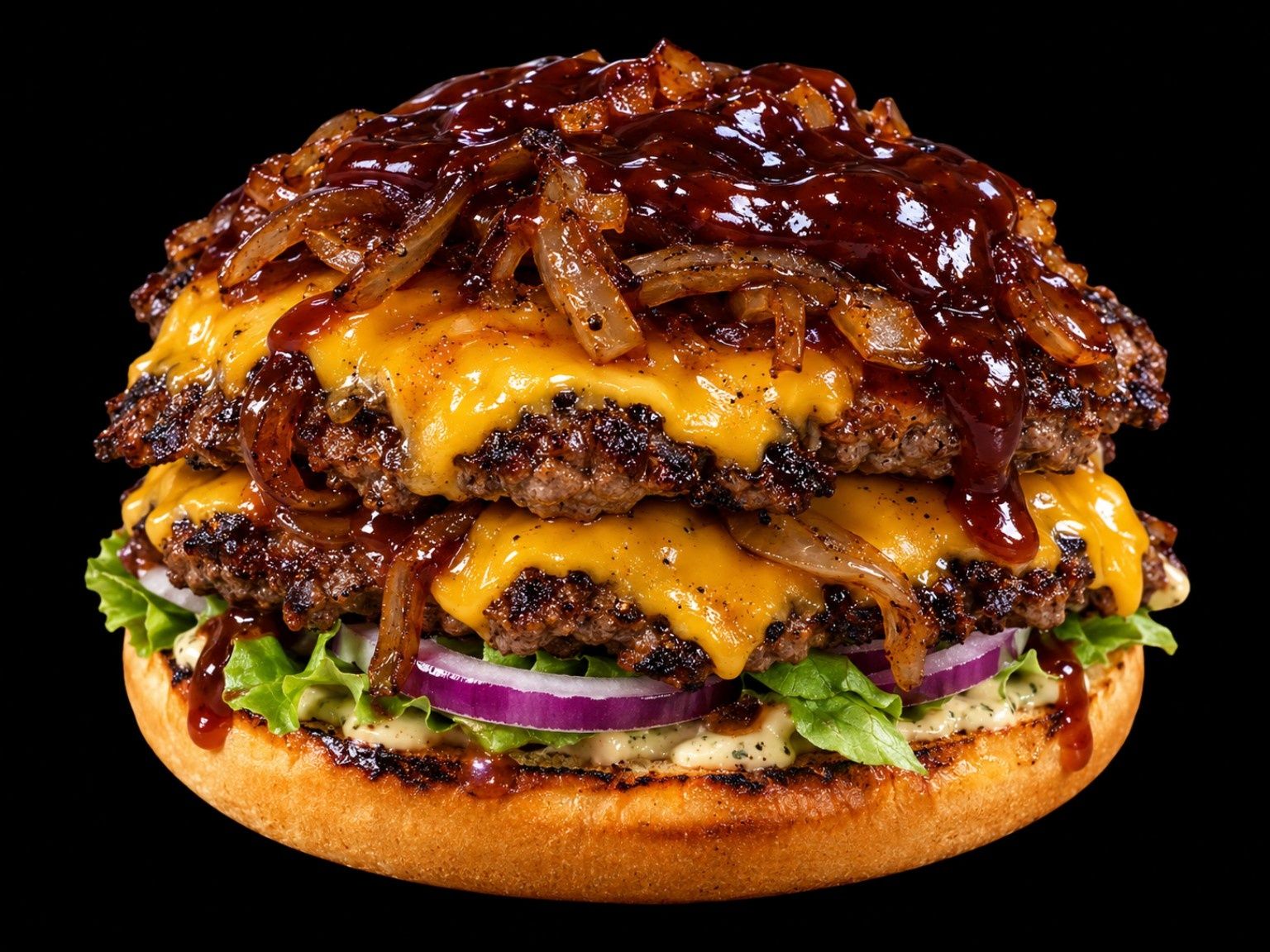 Double beef burger with cheddar cheese, onion, BBQ sauce, and lettuce on a bun.