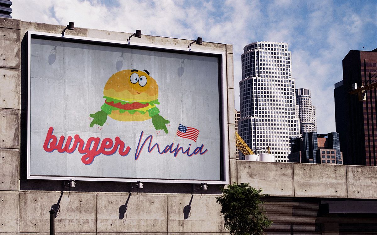 Billboard with "Burger Maria" restaurant logo featuring a cartoon hamburger and the USA flag.