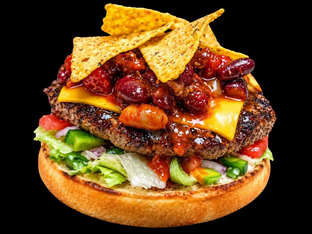 Soczysty burger z serem cheddar, sałatą, pomidorem, papryką i przyprawioną fasolą, udekorowany chipsami tortilla.