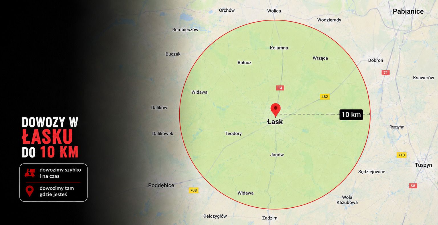 Map of delivery area in Łask, indicating a 10 km radius.