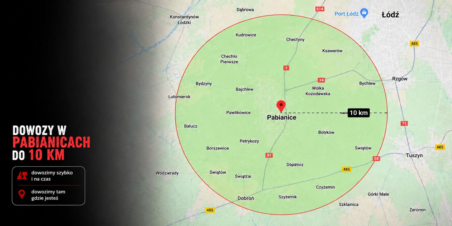 Mapa Pabianic z zaznaczonym obszarem dostaw do 10 km, z lokalizacją Pabianic.