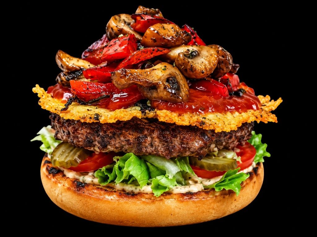 Soczysty burger z mielonym mięsem, serem, pieczarkami, pieczoną papryką i warzywami na złocistym bułce.