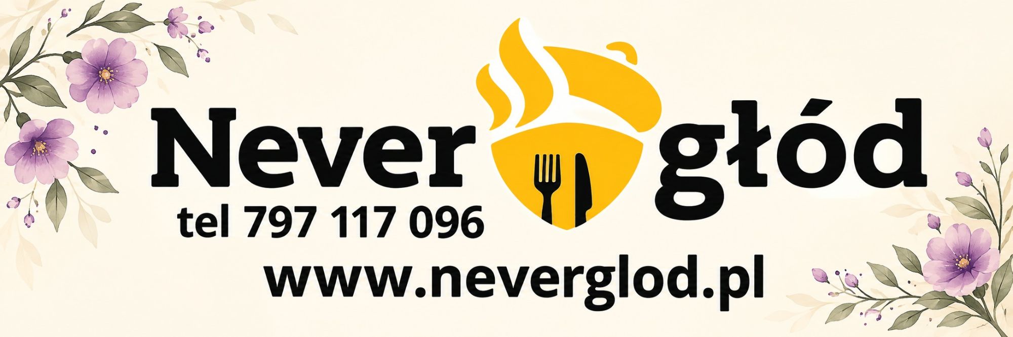Logo Nevergłód z numerem telefonu i adresem strony internetowej, ozdobione kwiatami.