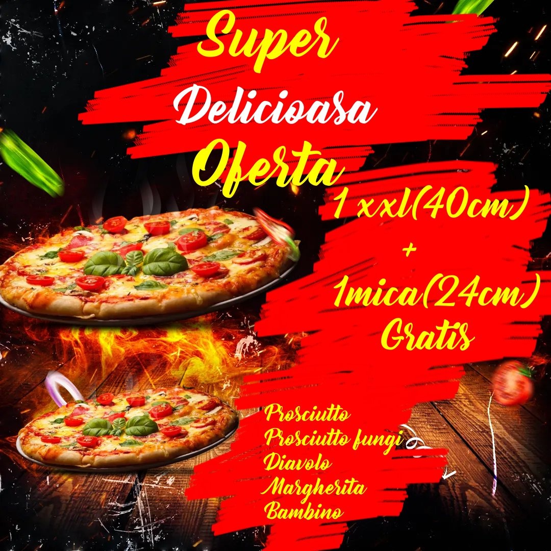 1 x Pizza XXL (40cm) + 1 x Pizza mica (24cm) gratis