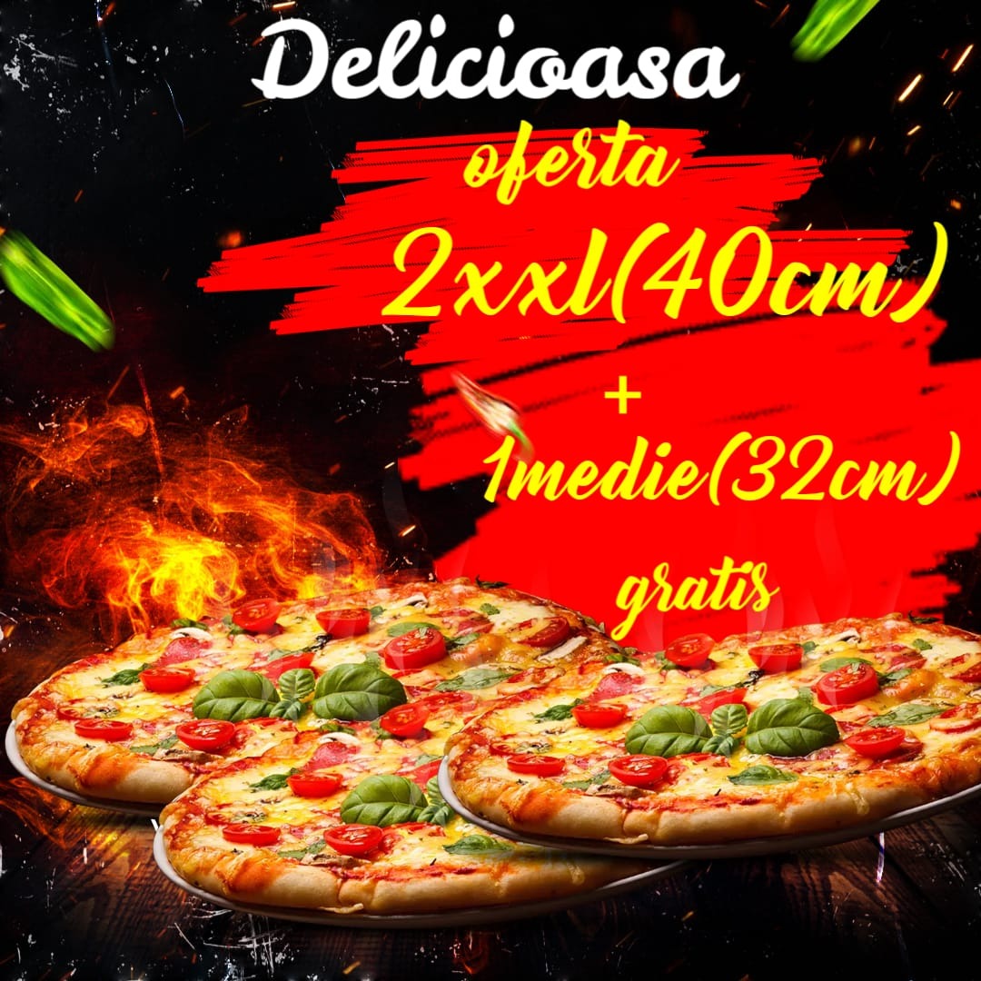 2 x Pizza XXL (40cm) + 1 x Pizza medie gratis