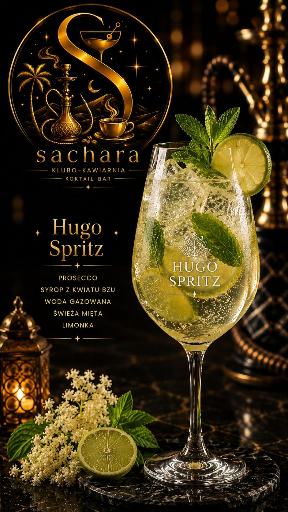 Koktajl Hugo Spritz w przezroczystej szklance z miętą, cytryną i kwiatami bzu. Tło z latarniami.