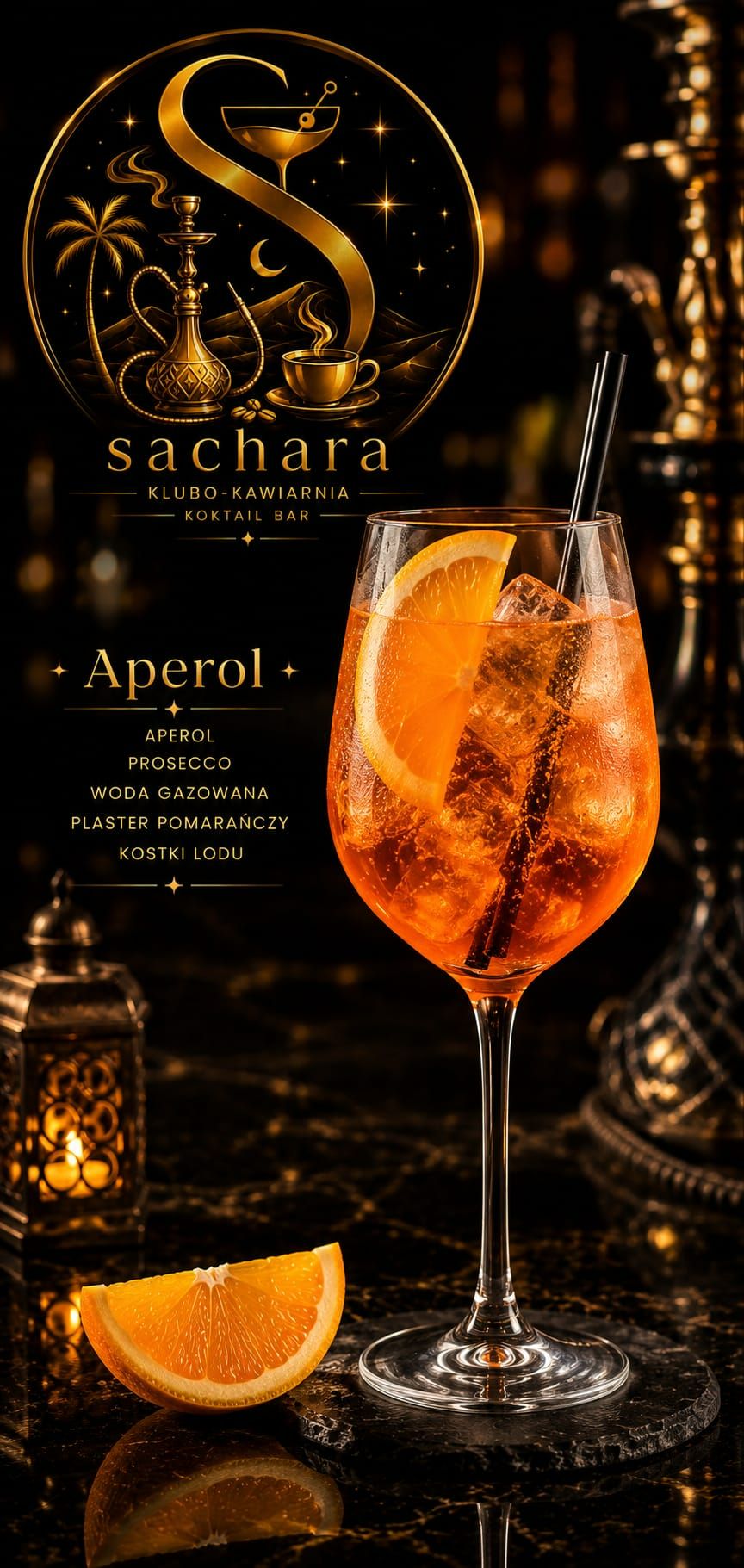 Koktajl Aperol w eleganckiej szklance z plasterkiem pomarańczy i kostkami lodu, z dekoracjami w tle.