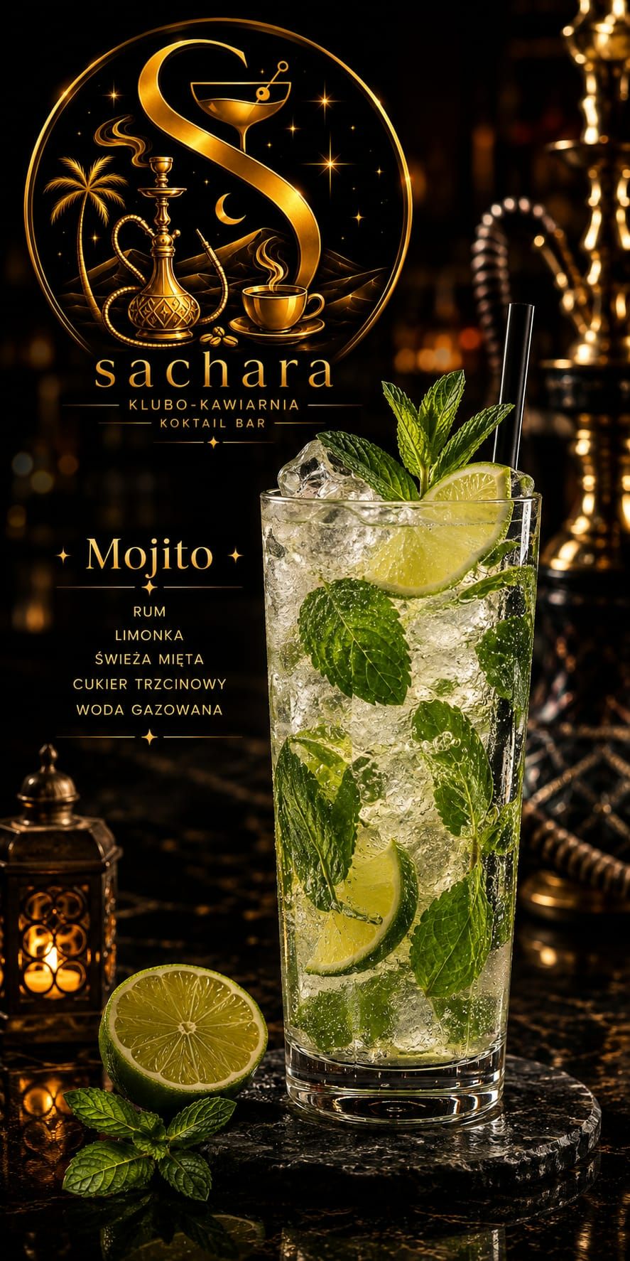 Koktajl Mojito z miętą, limonką i gazowaną wodą na tle eleganckiego baru.