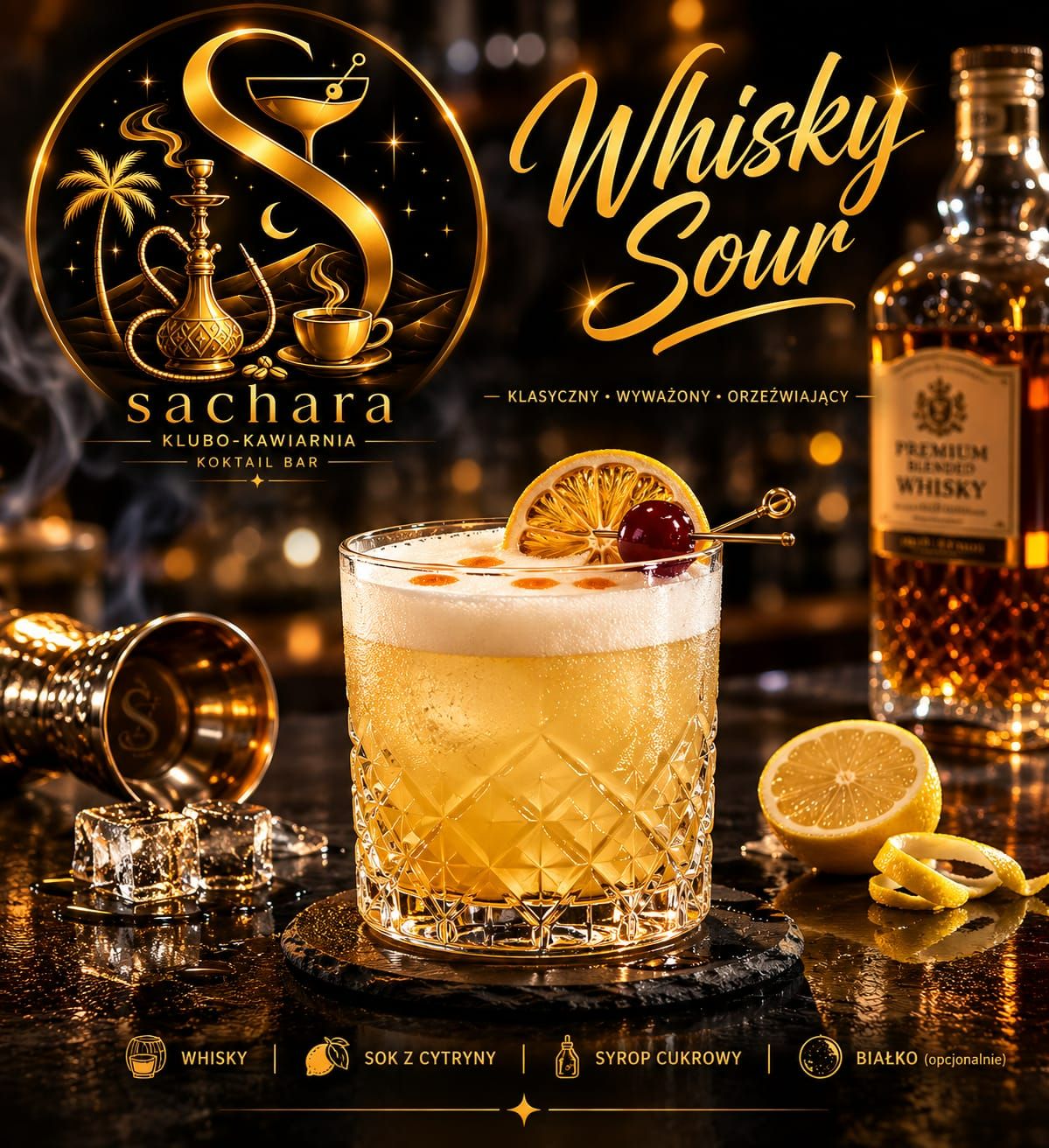 Koktajl Whisky Sour z cytryną i whisky, ozdobiony plasterkiem cytryny, w eleganckim otoczeniu baru.