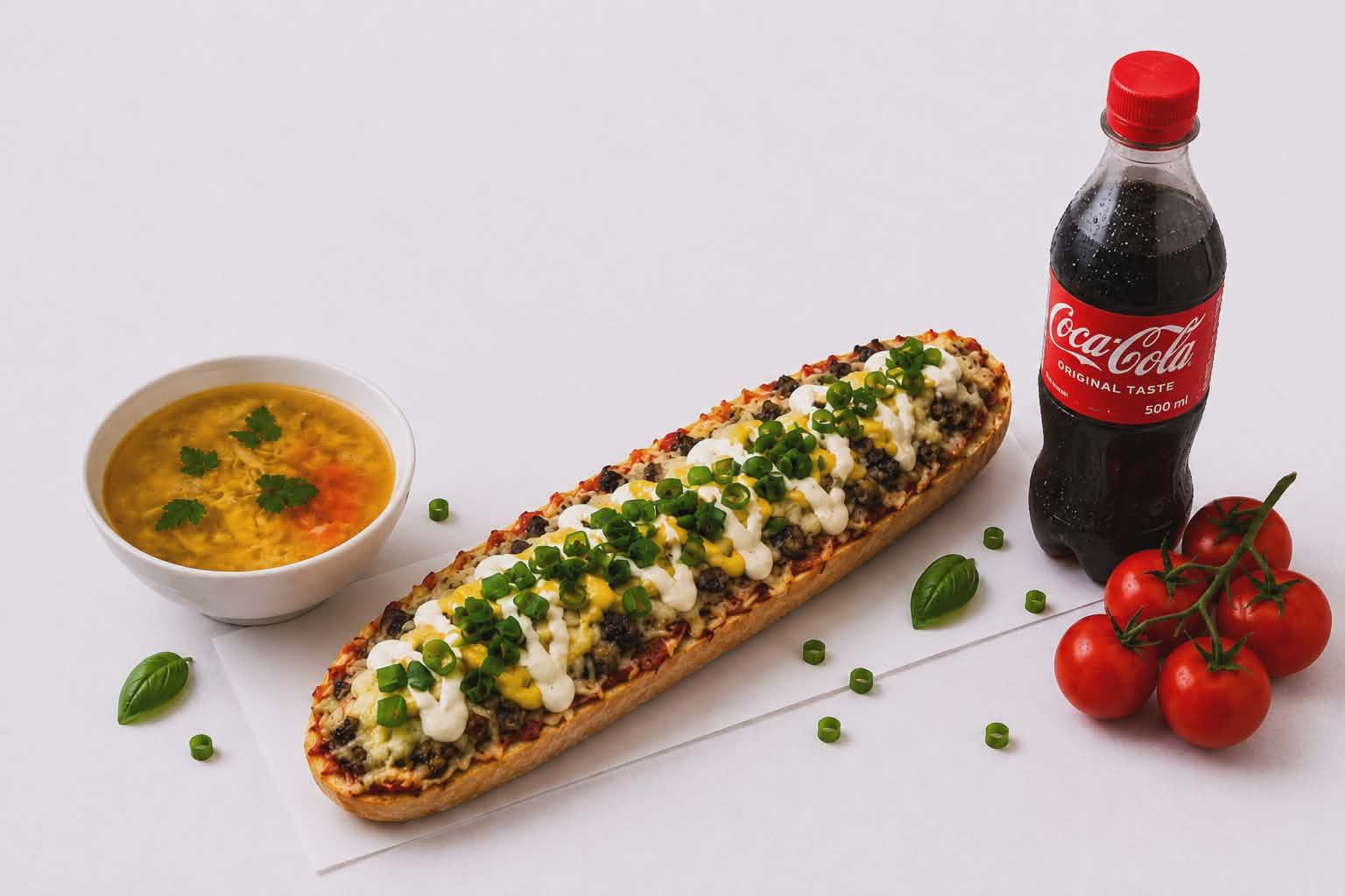 Zapiekanka XXL ok. 50cm rzeźnicka + zupa + napój (do wyboru)