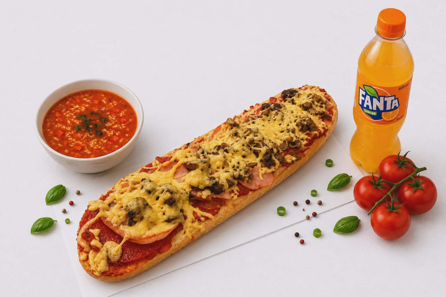 Zapiekanka XXL ok. 50cm farmerska + zupa + napój (do wyboru)