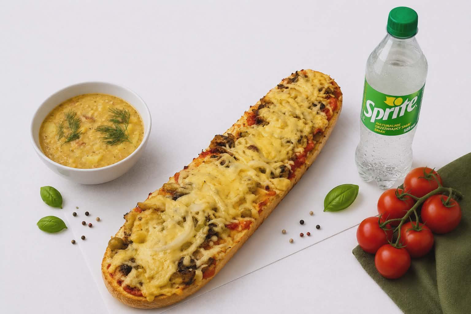Zapiekanka XXL ok. 50cm BBQ z kurczakiem + zupa + napój (do wyboru)