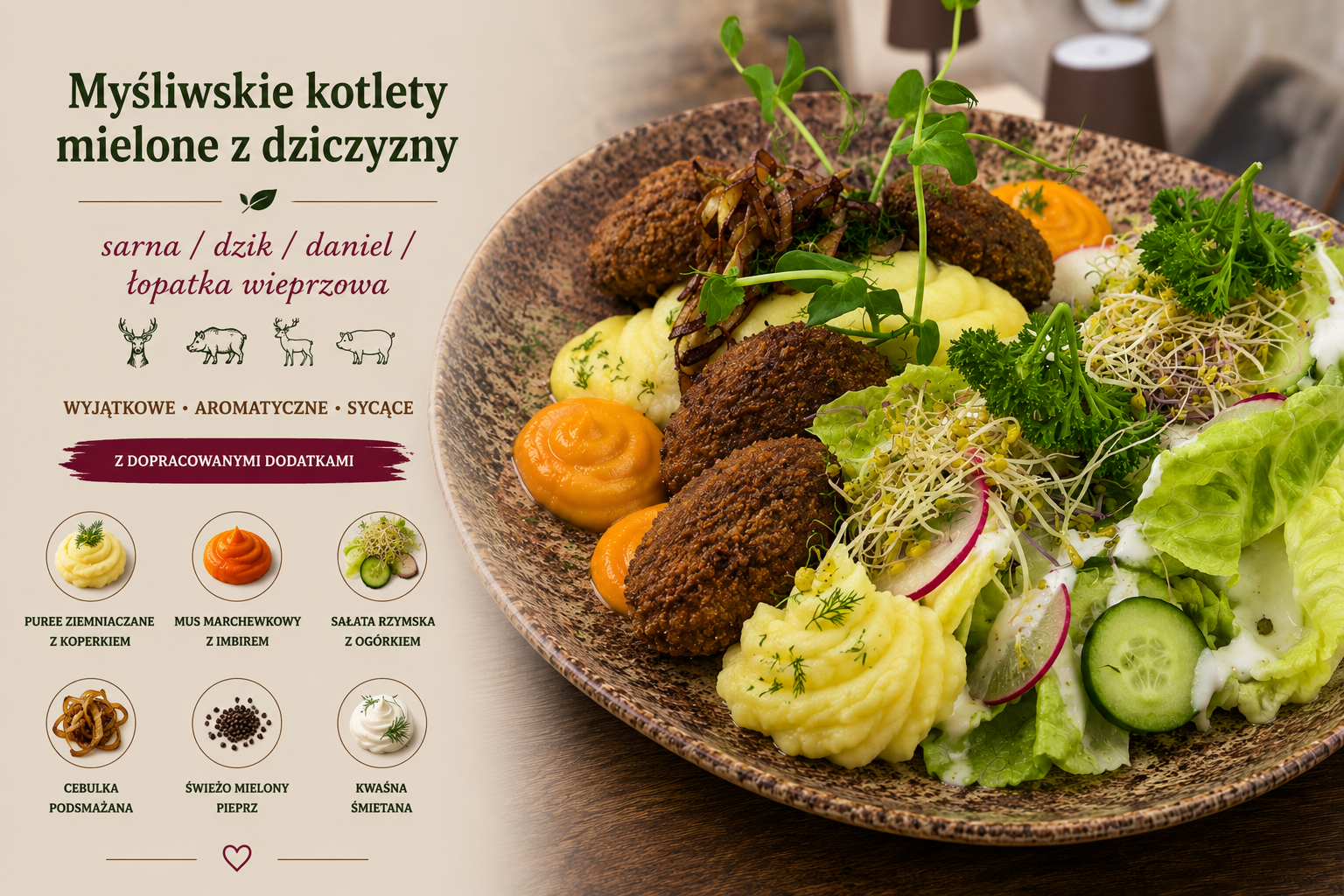 Myśliwskie kotlety mielone z dziczyzny; sarna / dzik / daniel / łopatka wieprzowa 