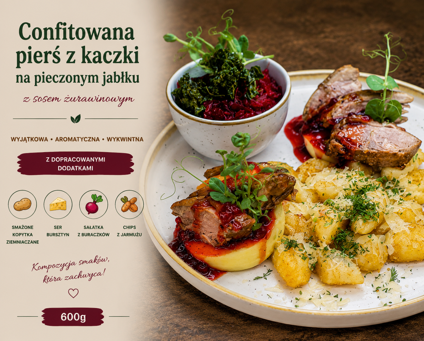 Confitowana pierś z kaczki na pieczonym jabłku z sosem żurawinowym
