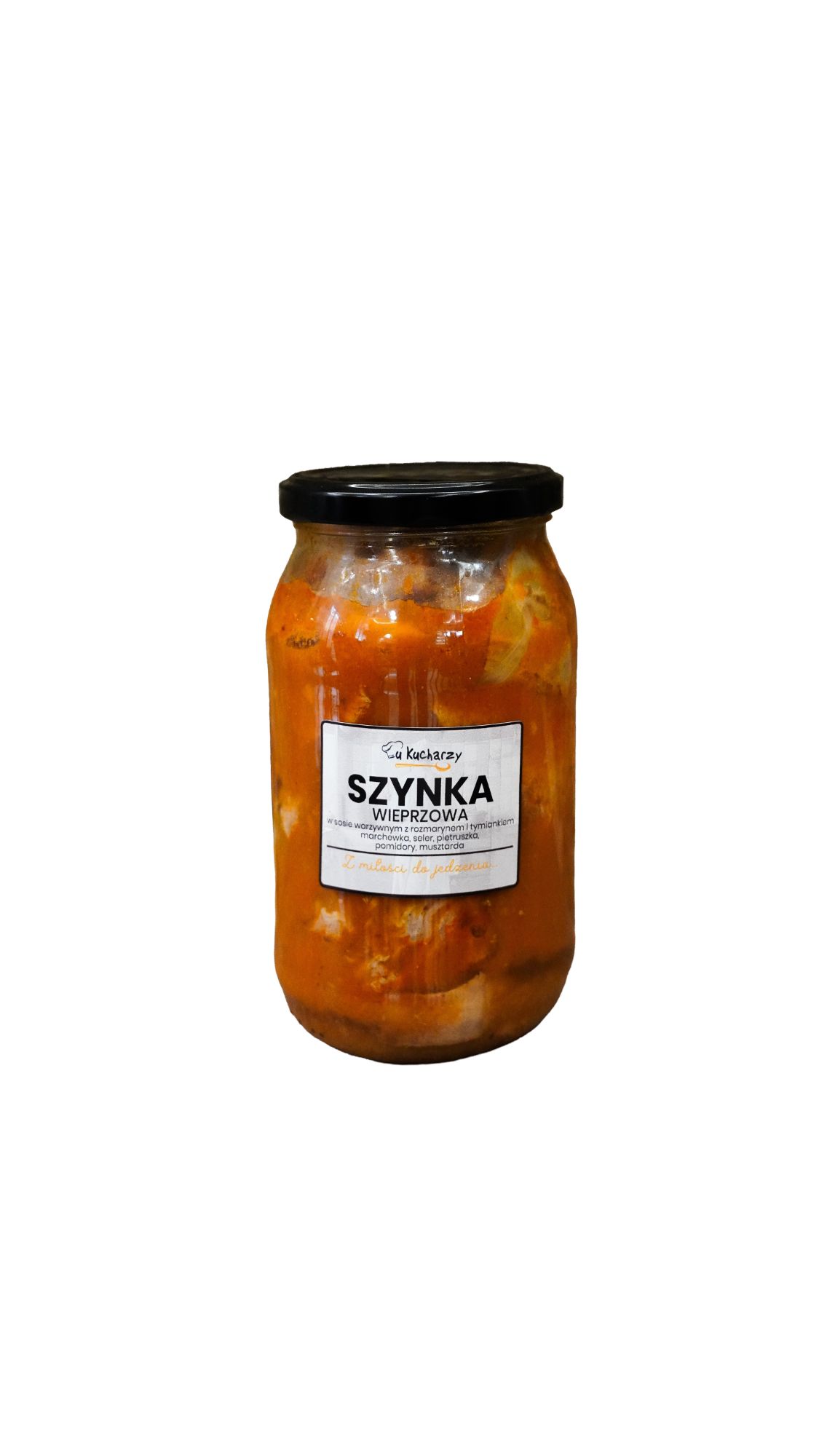 Słoik z szynką wieprzową, zamknięty czarną nakrętką, etykieta z napisem "szynka".