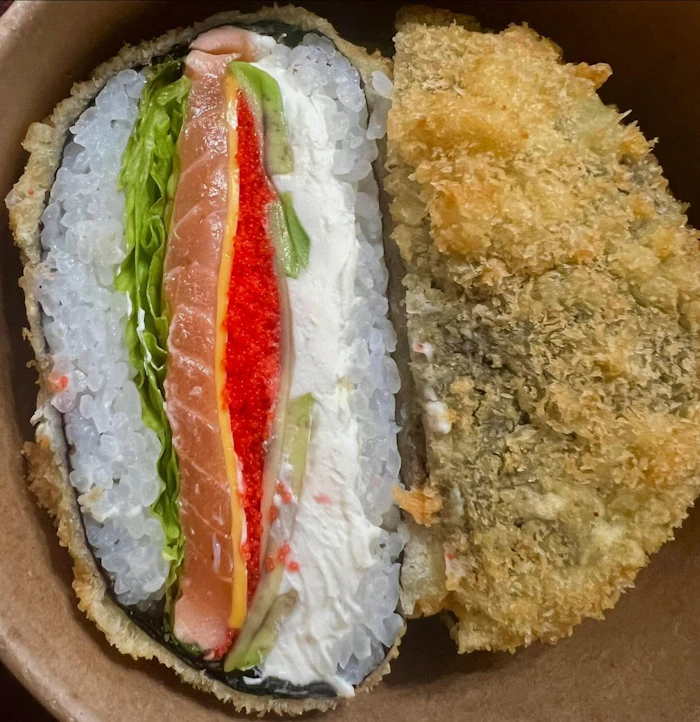 Sushi burger with rice bun