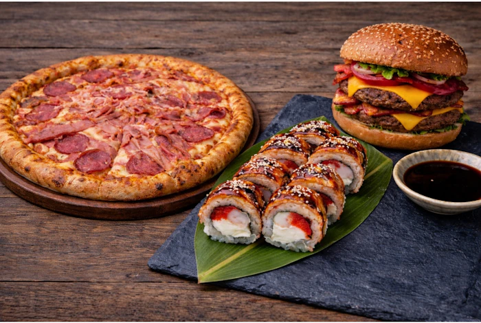 Pizza, sushi and burger together