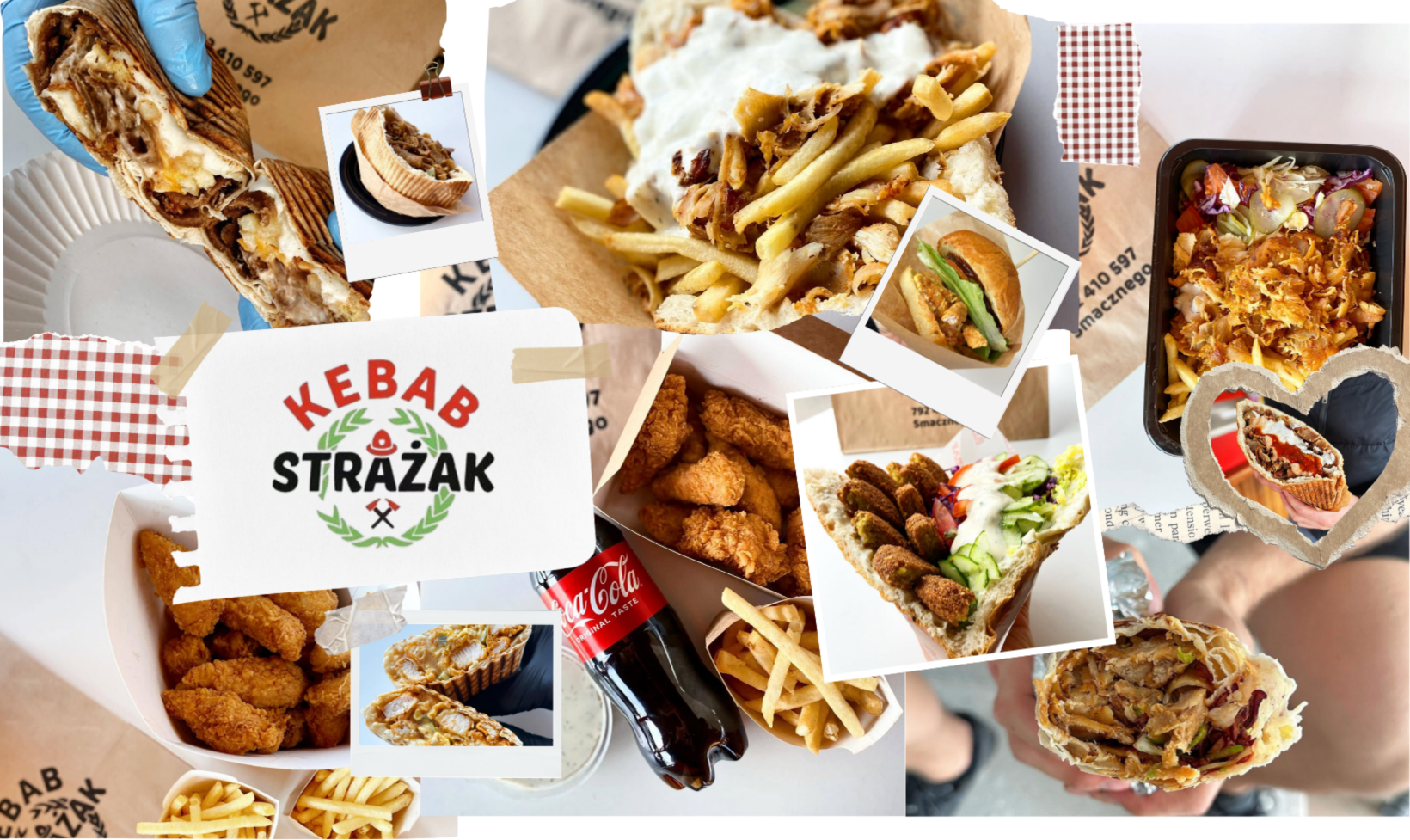 Różnorodne potrawy z kebabami, frytki, napój Coca-Cola i przekąski w restauracji Kebab Strążak.