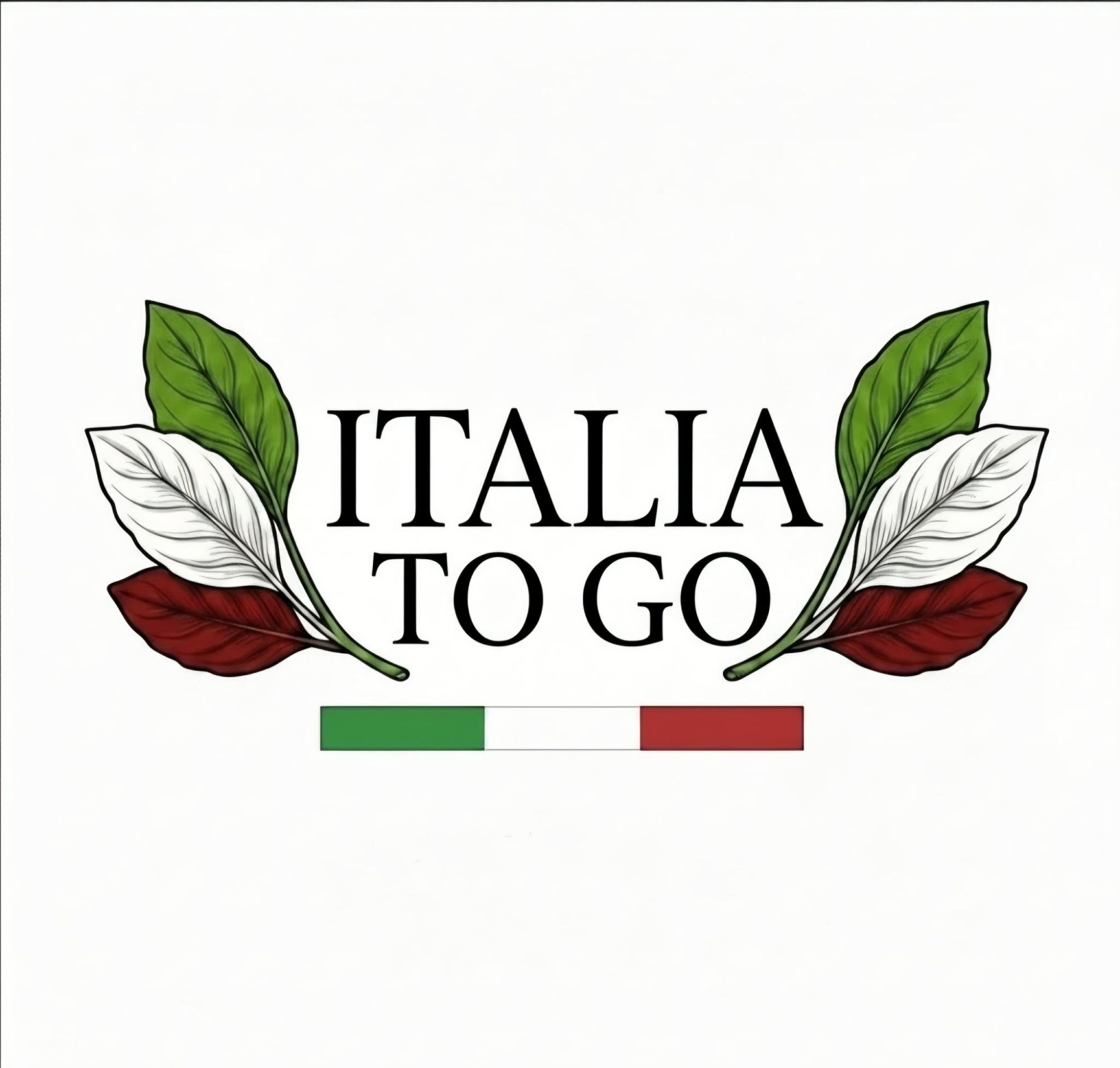 Logo "Italia To Go" z zielonymi, białymi i czerwonymi liśćmi oraz włoską flagą.