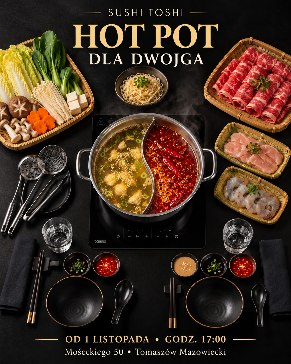 Plakat Sushi Toshi promujący hot pot dla dwóch osób z warzywami, mięsem i makaronem, w Tomaszowie Mazowieckim.