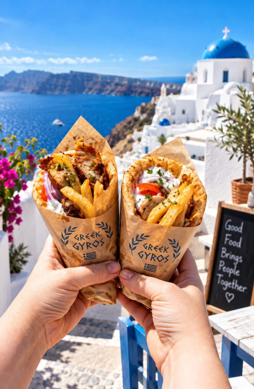 Dve gyros v papierových obaloch, s hranolkami a zeleninou, na pozadí modrého mora a bielych budov.