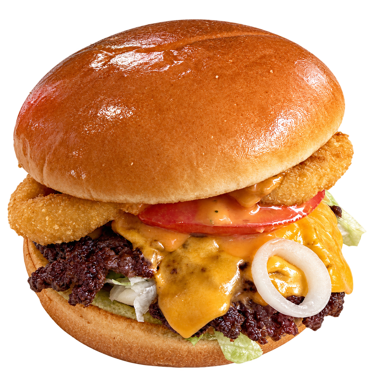 Burger cu carne de vită, brânză cheddar, roșii, salată, ceapă și chifle aurii.
