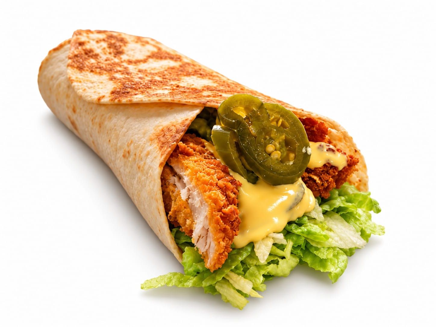 Wrap cu pui crocant, salată, sos de brânză și jalapeños, pe un fundal alb.