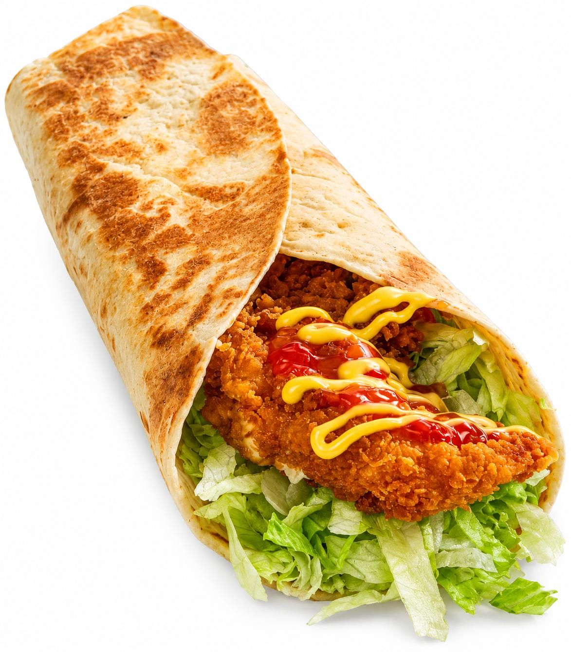 Tortilla umplută cu salată, pui prăjit, ketchup și muștar.