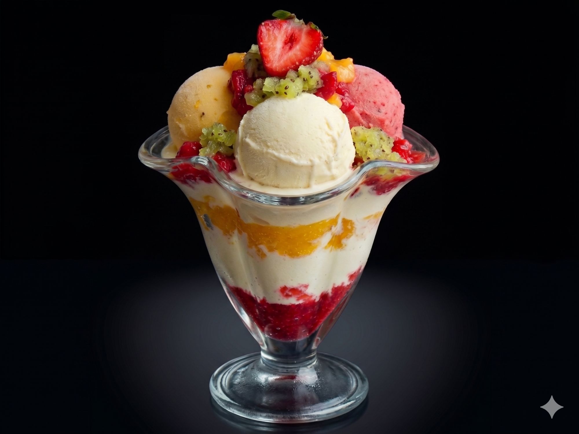 Lody w pucharku z owocami i bitą śmietaną