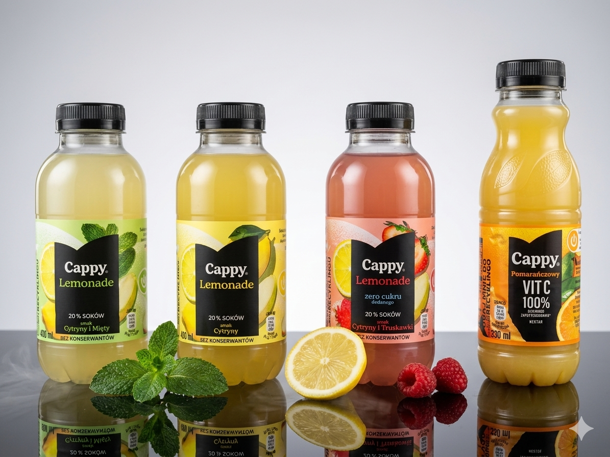 Butelki napojów Cappy: lemoniada miętowa, truskawkowa, zero cukru i sok pomarańczowy w zestawie.