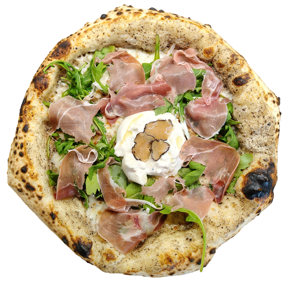 Współczesna pizza neapolitańska z burratą, czarną truflą, szynką crudo i rukolą na puszystym, przypieczonym cieście