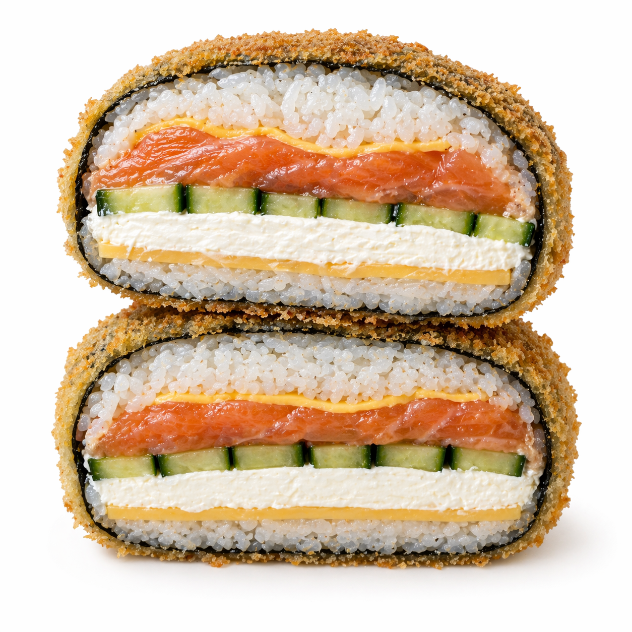 Soczyste rolki sushi z łososiem, serem kremowym, ogórkiem, otoczone chrupiącą panierką.