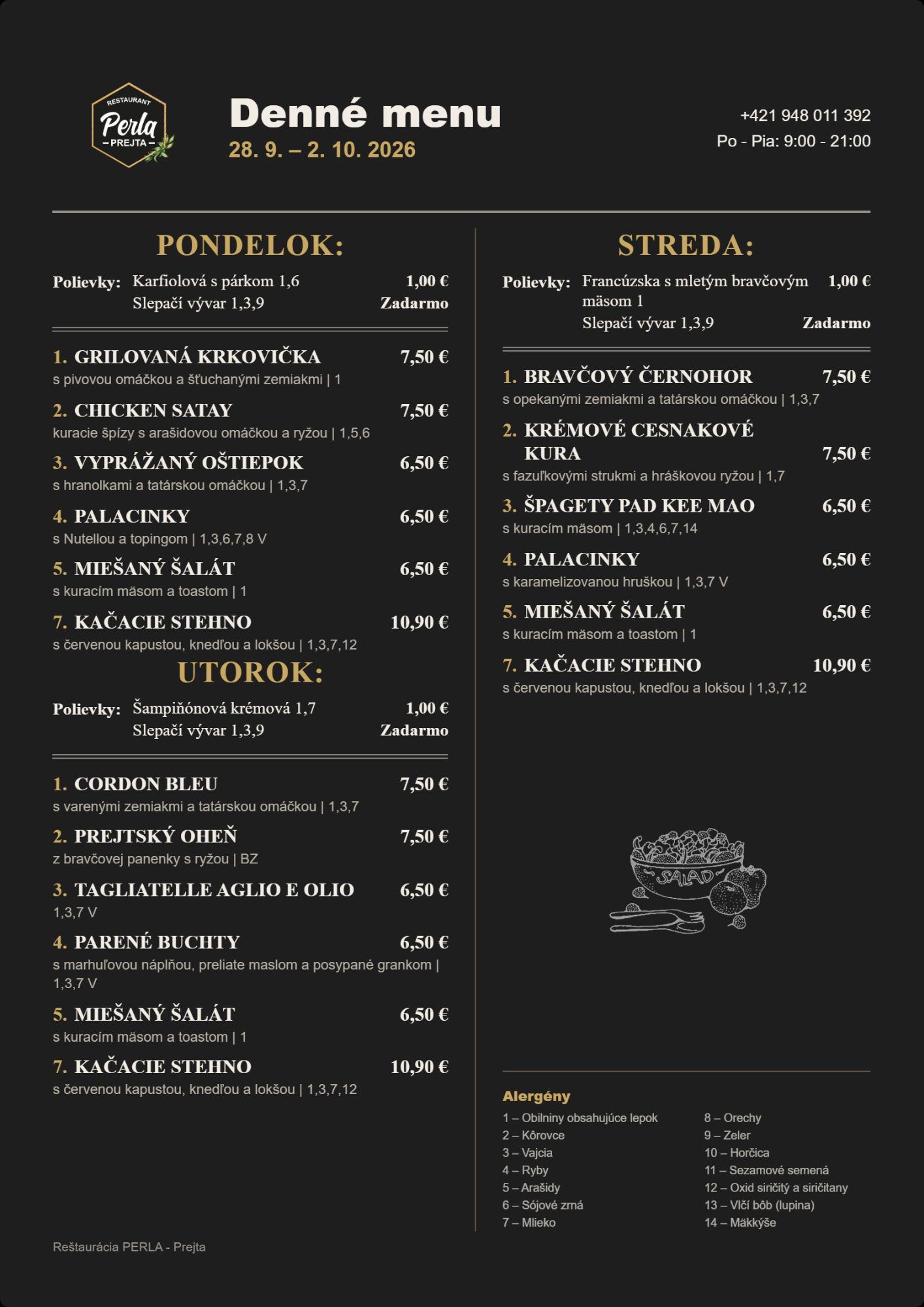 Denné menu reštaurácie Peľa na týždeň od 28. septembra do 2. októbra 2026 s jedlami a cenami.