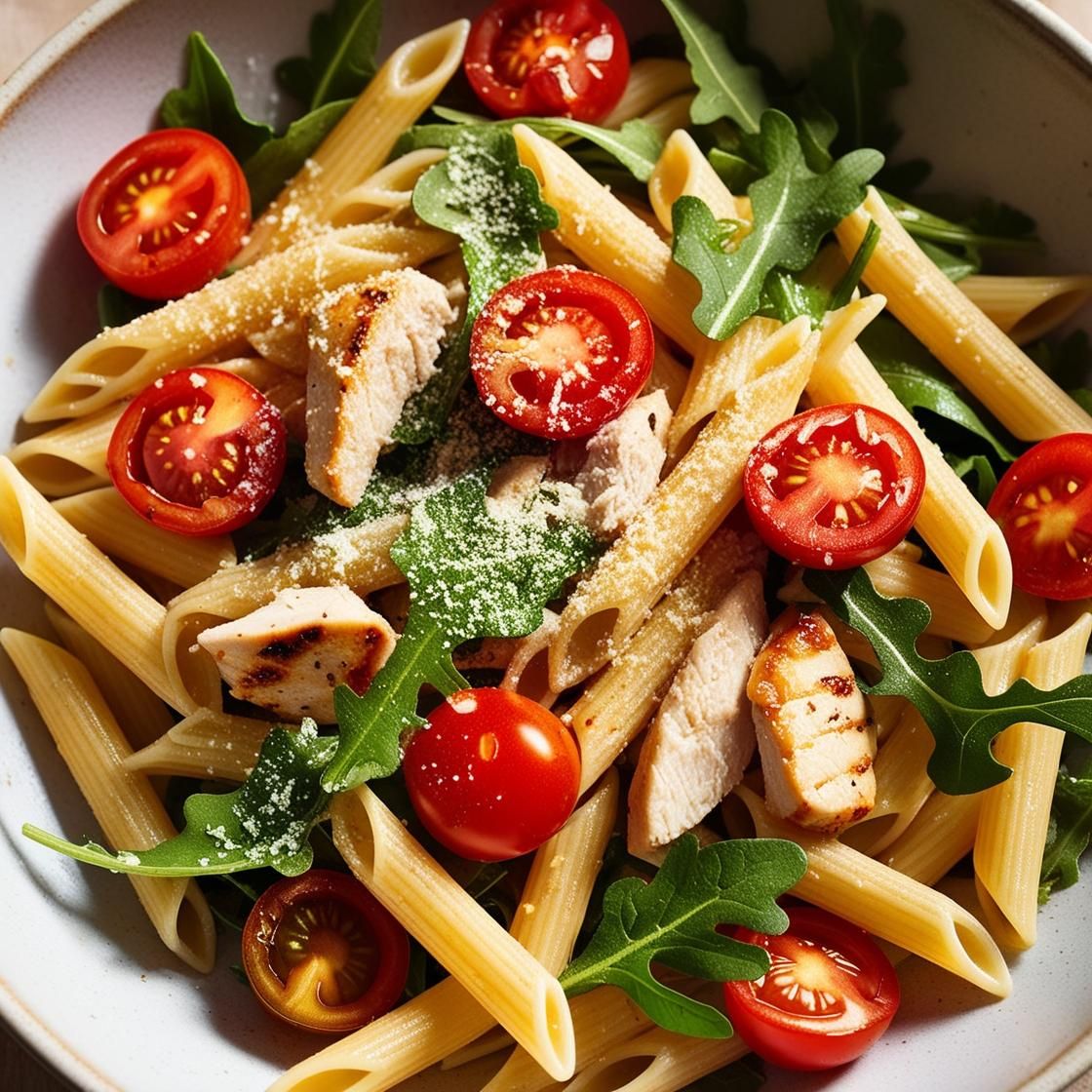 Makaron penne z kurczakiem, pomidorkami i rukolą posypany serem.