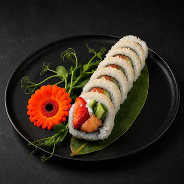 Sushi na czarnym talerzu z plasterkami ryby, ogórkiem i truskawką, ozdobione jaskrawym kwiatu i liściem.