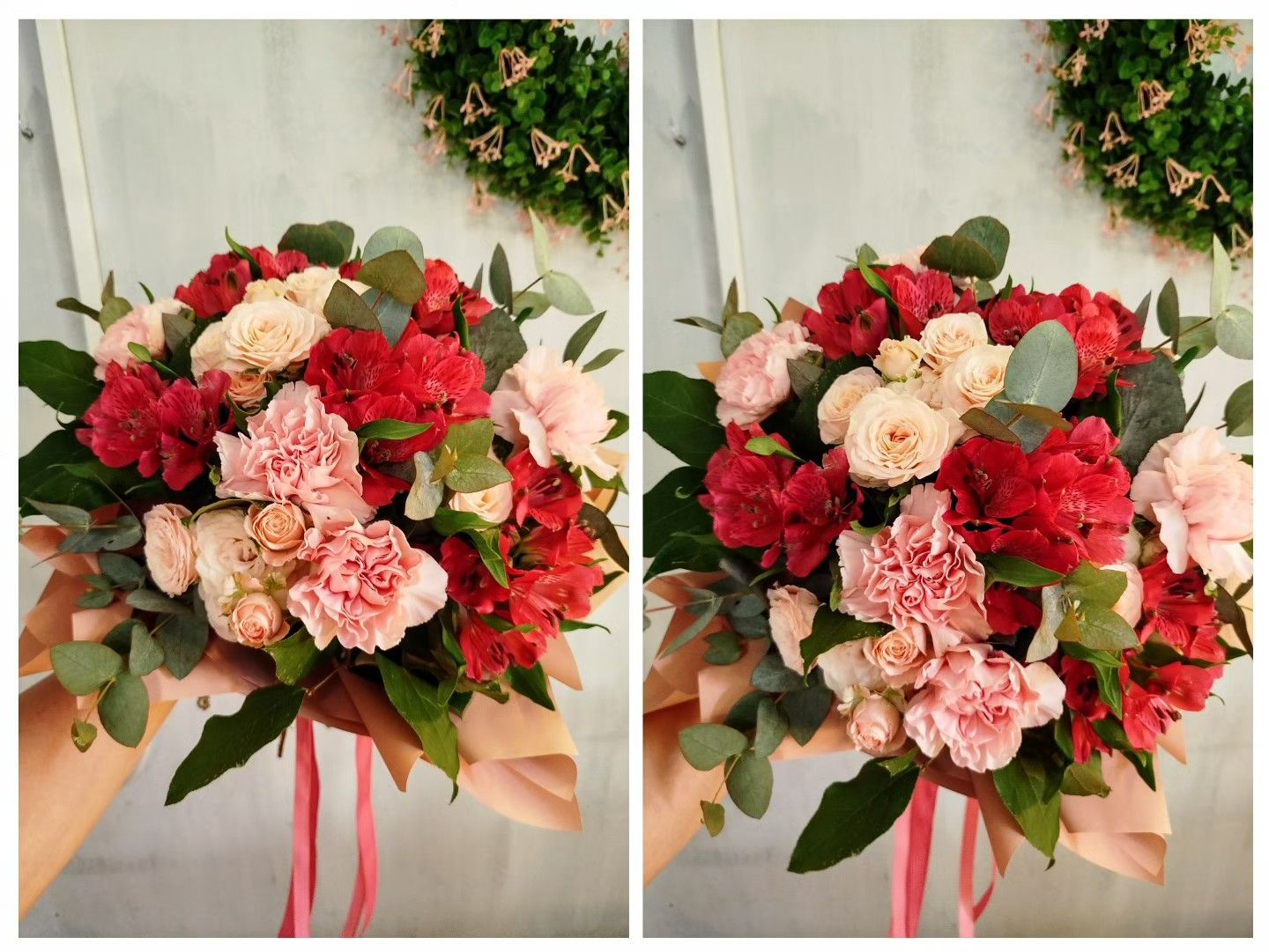 Bukiet mieszany z goździkami, różami gałązkową i alstromerią