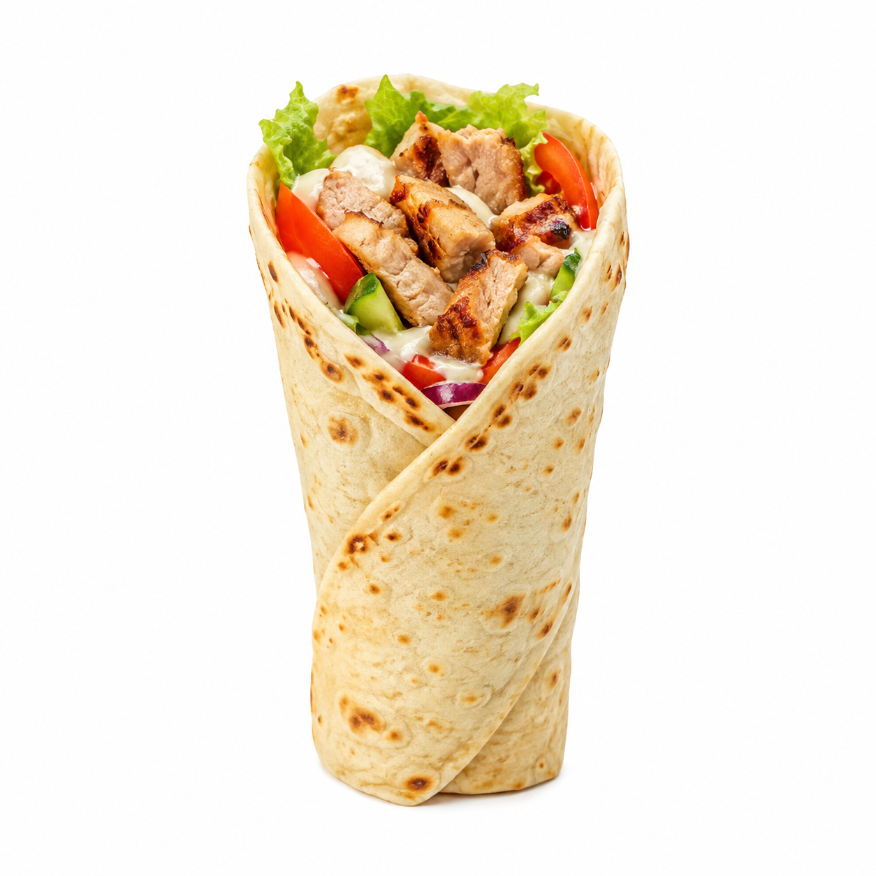 Tortilla umplută cu carne la grătar, legume proaspete și sos, servită în stilul unui wrap.