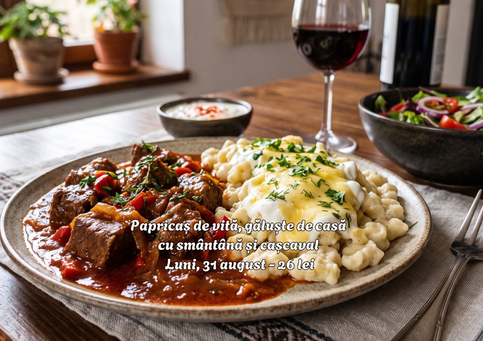 Paprică de vită, găluște de casă, smântână, cașcaval, cu salată și vin roșu pe masă.