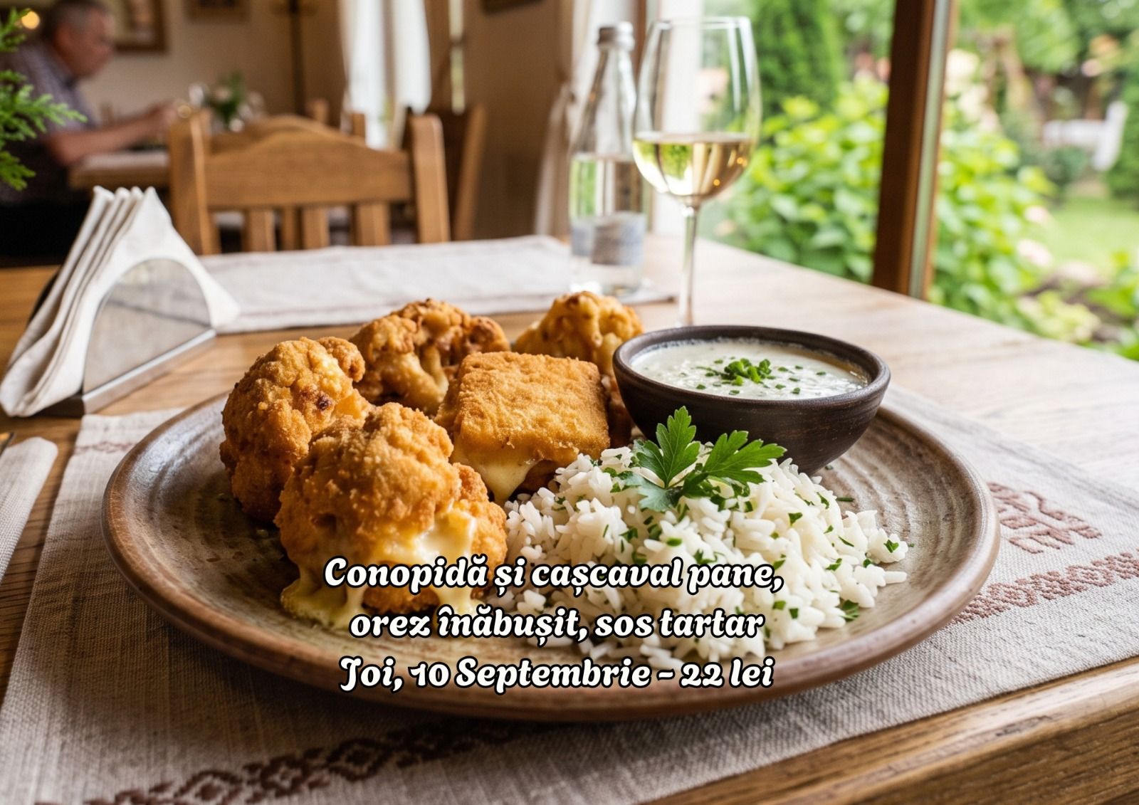 Conopidă și cașcaval pane cu orez, sos tartar, servite pe o farfurie rustică, lângă un pahar de vin.