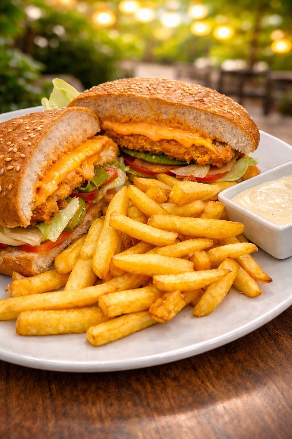 Burger drobiowy z frytkami stekowymi